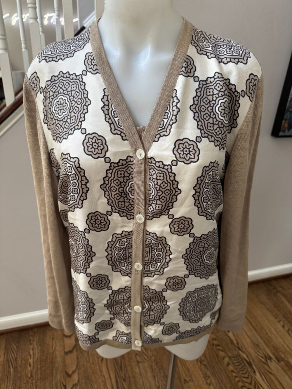 Bill Blass Saks Fifth Avenue Silk Sweater Set Printed Cardigan Knit Vintage XL